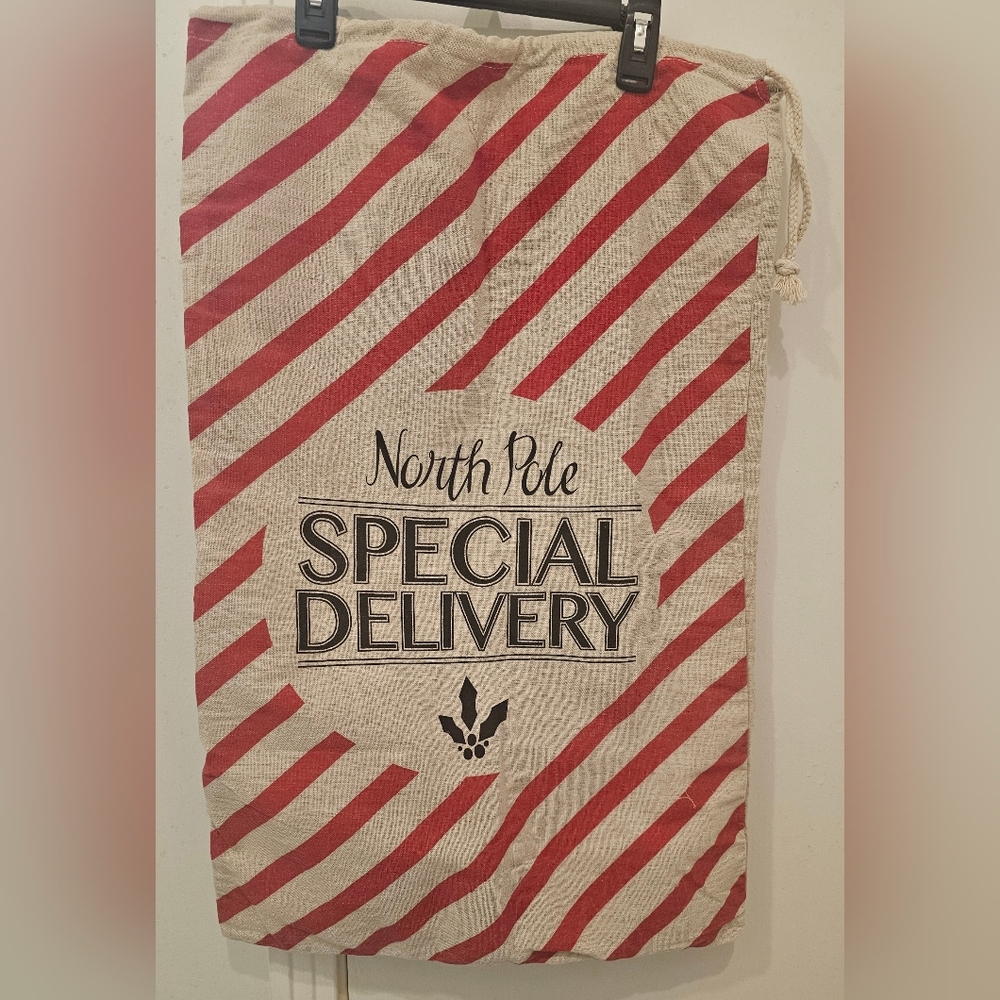 Red and White Striped Burlap Christmas Santa Bag